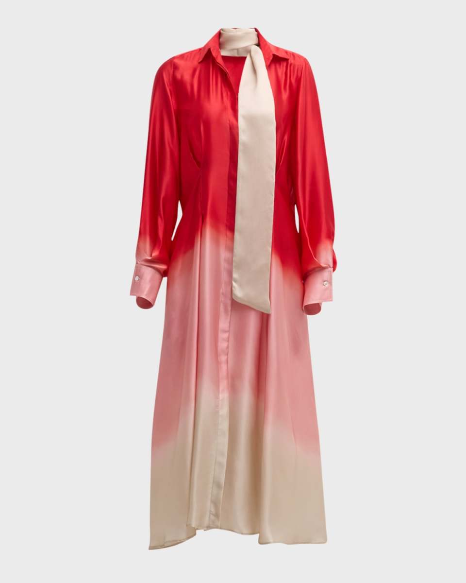 Ombre Silk Long-Sleeve Neck-Scarf Midi Shirtdress